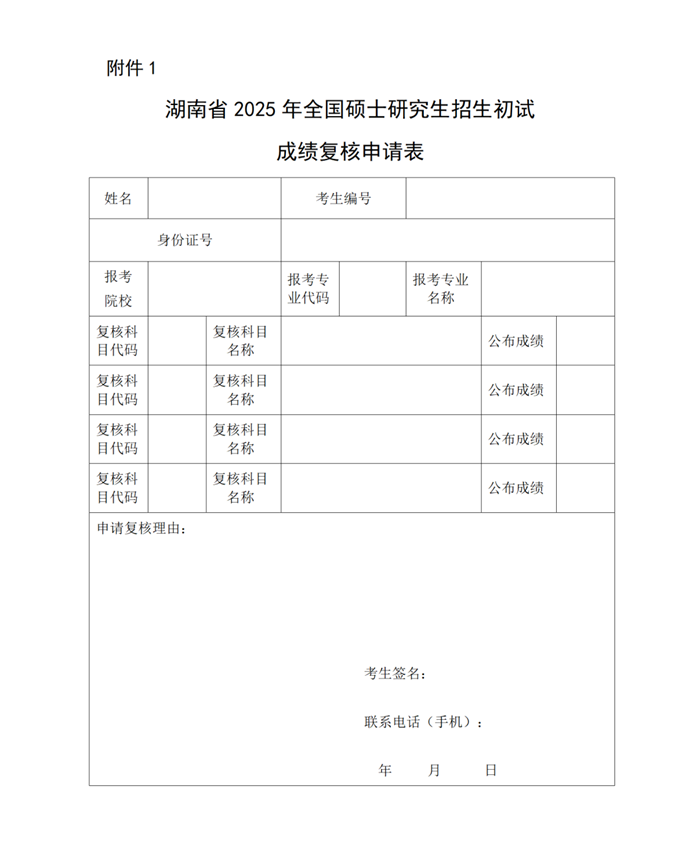 湖南省2025年全國碩士研究生招生初試成績復核申請表 湖南省2025年全國碩士研究生招生初試成績復核申請表